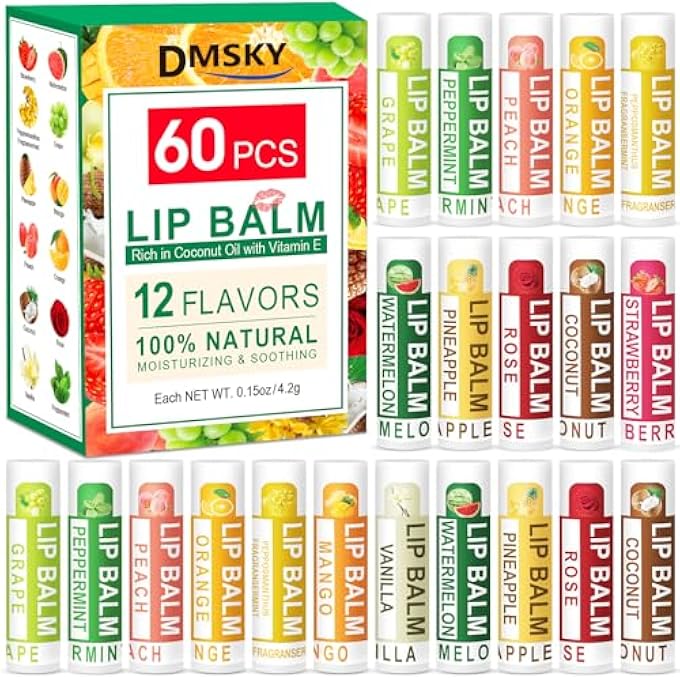 Dmsky 60 PACK LIP BALM, NATURAL LIP BALM BULK WITH VITAMIN E AND COCONUT OIL, LIP CARE PRODUCT, MOISTURIZING SOOTHING CHAPPED LIPS - Image 1